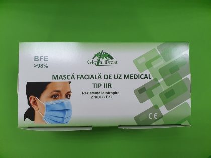 Măşti Protecţie, Unică Folosinţă, Dispozitiv Medical, Clasa I, Tip IIR, 3 Straturi, 3 Pliuri, Albastre (România) - Cutie