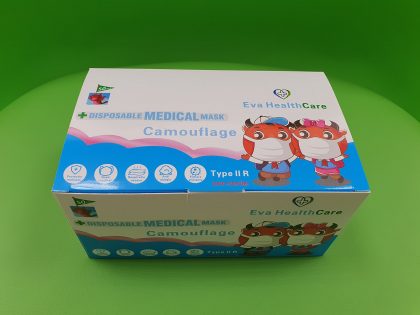 Măşti Protecţie, Unică Folosinţă, Pentru Copii, Dispozitiv Medical, Clasa I, Tip IIR, 3 Straturi, 3 Pliuri, Imprimeu Camuflaj, Băieţi - Cutie